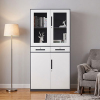 Armario de Oficina con Puertas Batientes de Vidrio y 2 Cajones para Almacenamiento de Libros, Gabinete Moderno de Acero Gris con Cajones con Cerradura