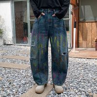 Jean Américain Rétro Personnalisé avec Motifs Graffiti Peints, Tendance, Décontracté, Coupe Droite et Évasée