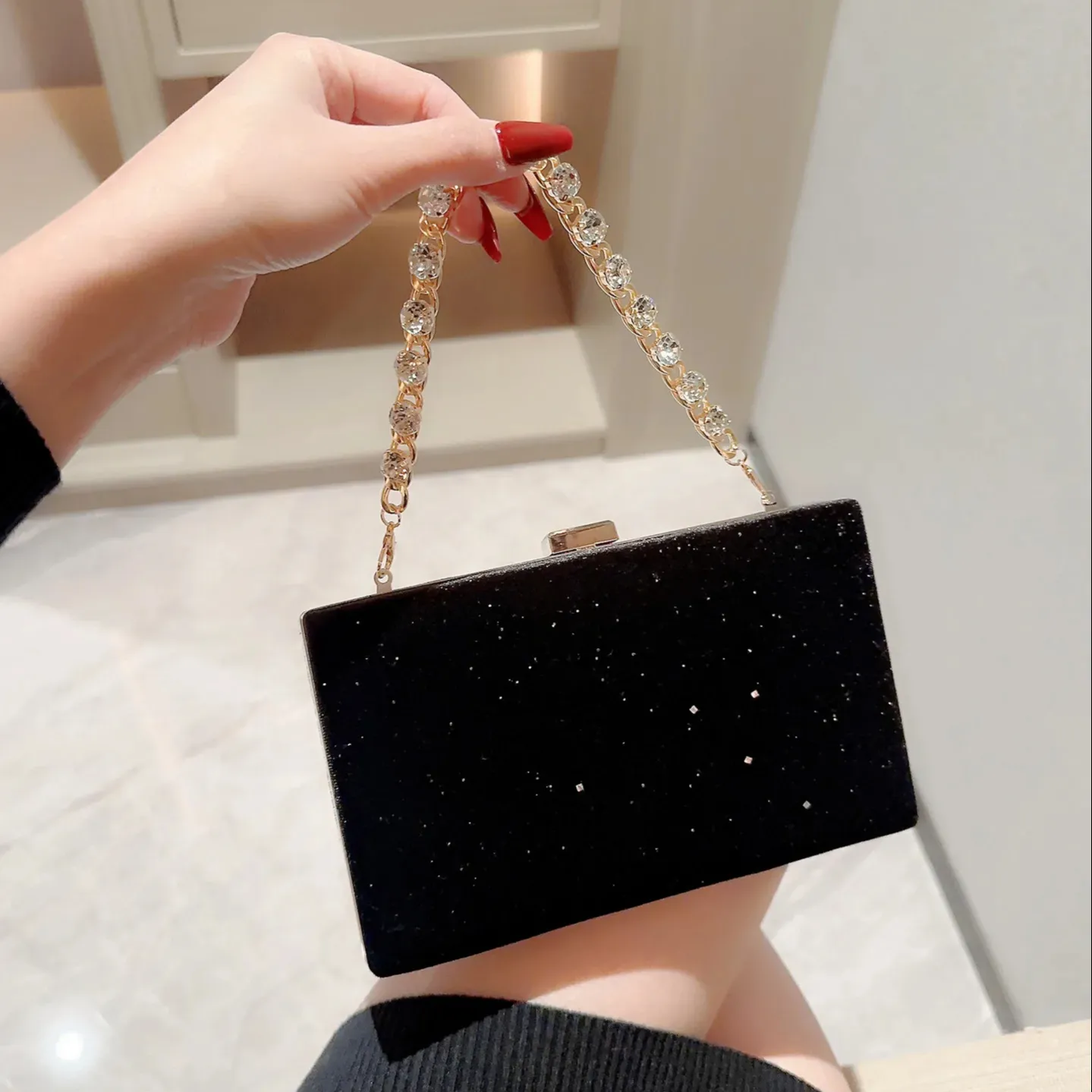 2024 nouvelles dames luxe sac à main carré noir velours strass poignée sacs à main soirée pochette femmes