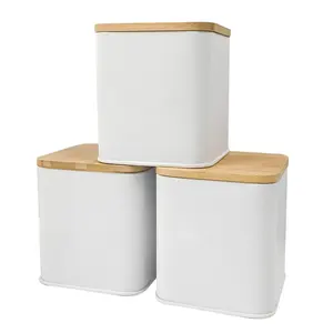 Grosir Set kotak kaleng persegi logam, kaleng penyimpan makanan kedap udara dengan tutup bambu