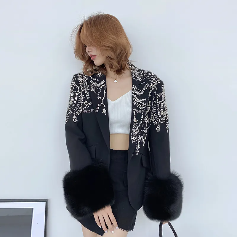 2021 Fashion Winter Coat Real Fox Fur Cuffs Jacket Women Coat With Diamond