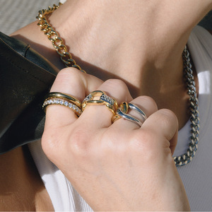 Geometric <b>Two</b>-Tone Gold <b>Ring</b> With Channel Set <b>Stones</b> Unisex Everyday Wear - Product Image 3