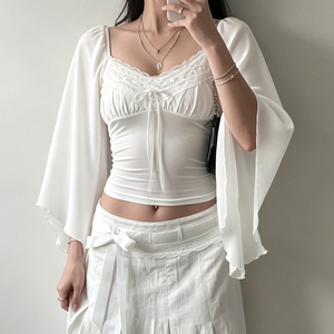 เสื้อยืดแฟชั่นฤดูร้อนใหม่ แต่งผ้าลูกไม้ คอวี แต่งโบว์ แขนบาน ช่วงเอวเข้ารูป สไตล์เรียบหรู สำหรับผู้หญิง - Product Image 4