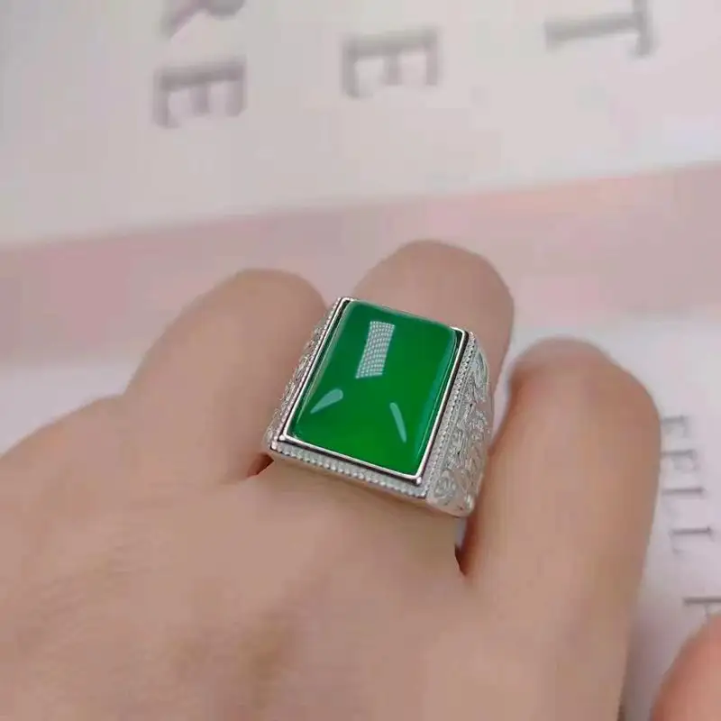 Custom Emerald Stone Green Engagement Ring Diamond 925 Sterling Silver Jewelry Men's Wedding Jade Rings