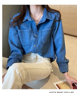 新作春秋ブルーデニムシャツカジュアルコート女性用レディースブラウス＆トップス - Product Image 6