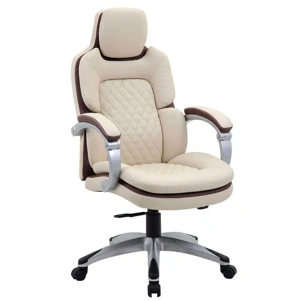 Modern tasarım bej deri sabit kol dayama ayarlanabilir yükseklik ofis koltuğu
