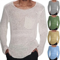 2026 Frühling Neu Acryl-Gestrickter Atmungsaktiver Pullover für Herren – Europäisch-Amerikanischer Stil, Einfarbig, Langarm mit Tasche, Grenzüberschreitend