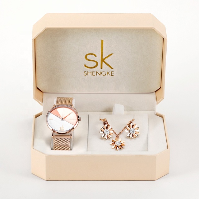 Shengke Women Watches Set With Gift Box Luxury Style With Necklace Earrings Rings Accessories Gift for Love With High Quality