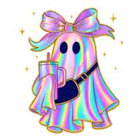 Transferencia DTF de Fantasma con Lazo Pastel Lista para Planchar, Gráfico Holográfico de Fantasma Lindo y Espeluznante para Camisetas de Halloween