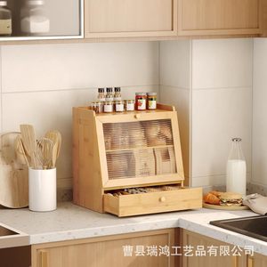 Boîte à pain en bambou avec tiroir et porte en acrylique, conteneur de rangement pour comptoir de cuisine, pour collations, cosmétiques, documents - Product Image 2