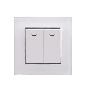 EU Standard Factory 2 Gang 1way Power Push Button Electric Lighting Glass Home Wall Switches Withled indicator light