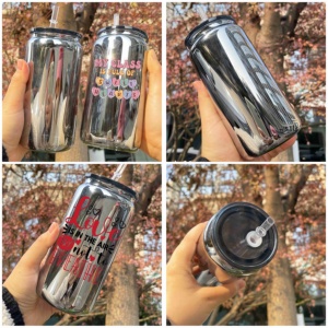 Paquete de 50 latas de refresco de metal reciclables de 16 oz con acabado negro espejado, con tapa y pajita, para vinilos y envolturas UV DTF, desde almacén de EE. UU. - Product Image 2