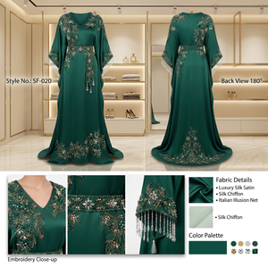 Vestido Kaftán Verde Esmeralda con Cinturón Bordado y Borlas de Cristal, Elegante Vestido Largo de Fiesta para Eventos Formales - Product Image 2