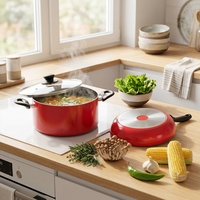 Vente en gros d'usine, personnalisation, style classique, ensemble de 3 casseroles et poêles en aluminium pressé rouge, antiadhésives, ensembles de cuisson
