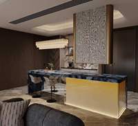 Îlot de cuisine modulaire de luxe en pierre frittée avec comptoir de bar, éclairage LED, placage décoratif, armoire suspendue, évier, charnière, écologique