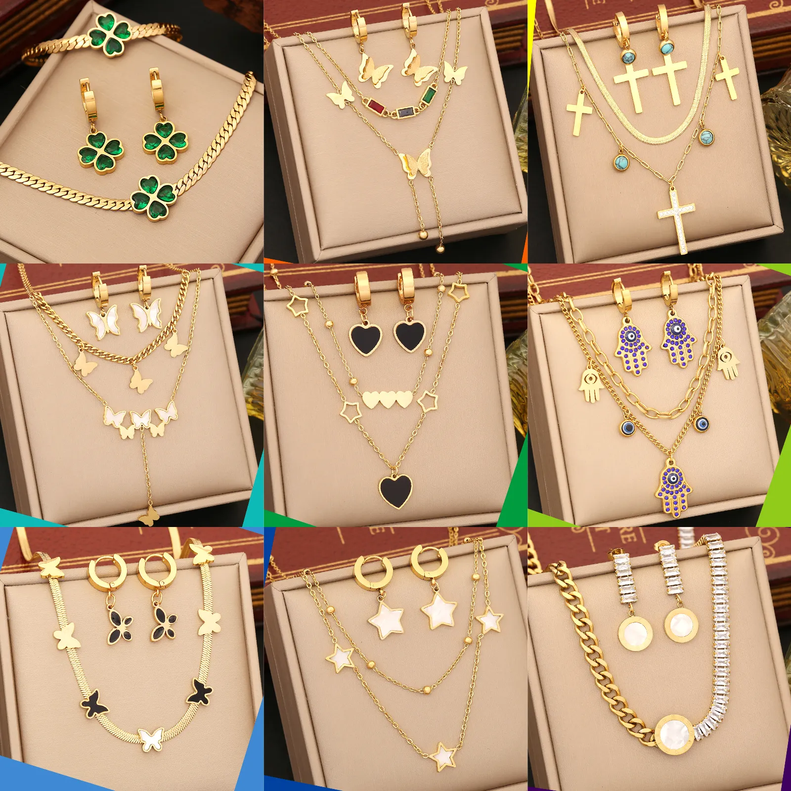 Thép Không Gỉ 18K Vàng Zircon Shell Clover Bướm Trái Tim Lớp Mặt Dây Chuyền Vòng Cổ Bông Tai Và Vòng Đeo Tay Set Cho Phụ Nữ