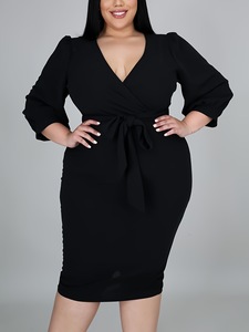 Prodotti Popolari: Abito Midi da Donna Taglie Forti in Chiffon con Paillettes, Scollo <span class=keywords><strong>a</strong></span> V, Tinta Unita, Maniche Lunghe e Allacciatura, Ideale per l'Autunno - Product Image 6