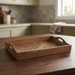 Bandeja de bambú para servir té, mesa de café con asas otomana, madera para comida, desayuno, fiesta, láser, con estilo de logotipo - Product Image 3