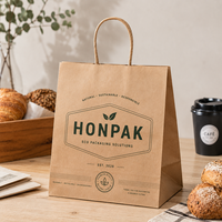 Sac en papier kraft personnalisé avec poignée et logo imprimé pour l'emballage de pain, gâteaux, desserts et aliments, idéal pour les magasins de détail HONPAK