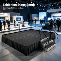 Plateforme de scène portable avec garde-corps de sécurité, jupe de scène noire et escalier d'accès pour concerts, événements et expositions