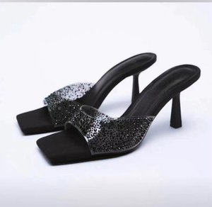 Black Large Size Rhinestone Mule <strong>Heels</strong>: Square Toe, Stiletto <strong>Heel</strong> <strong>Sparkly</strong> &amp; Elegant for Evening Occasions - Product Image 6