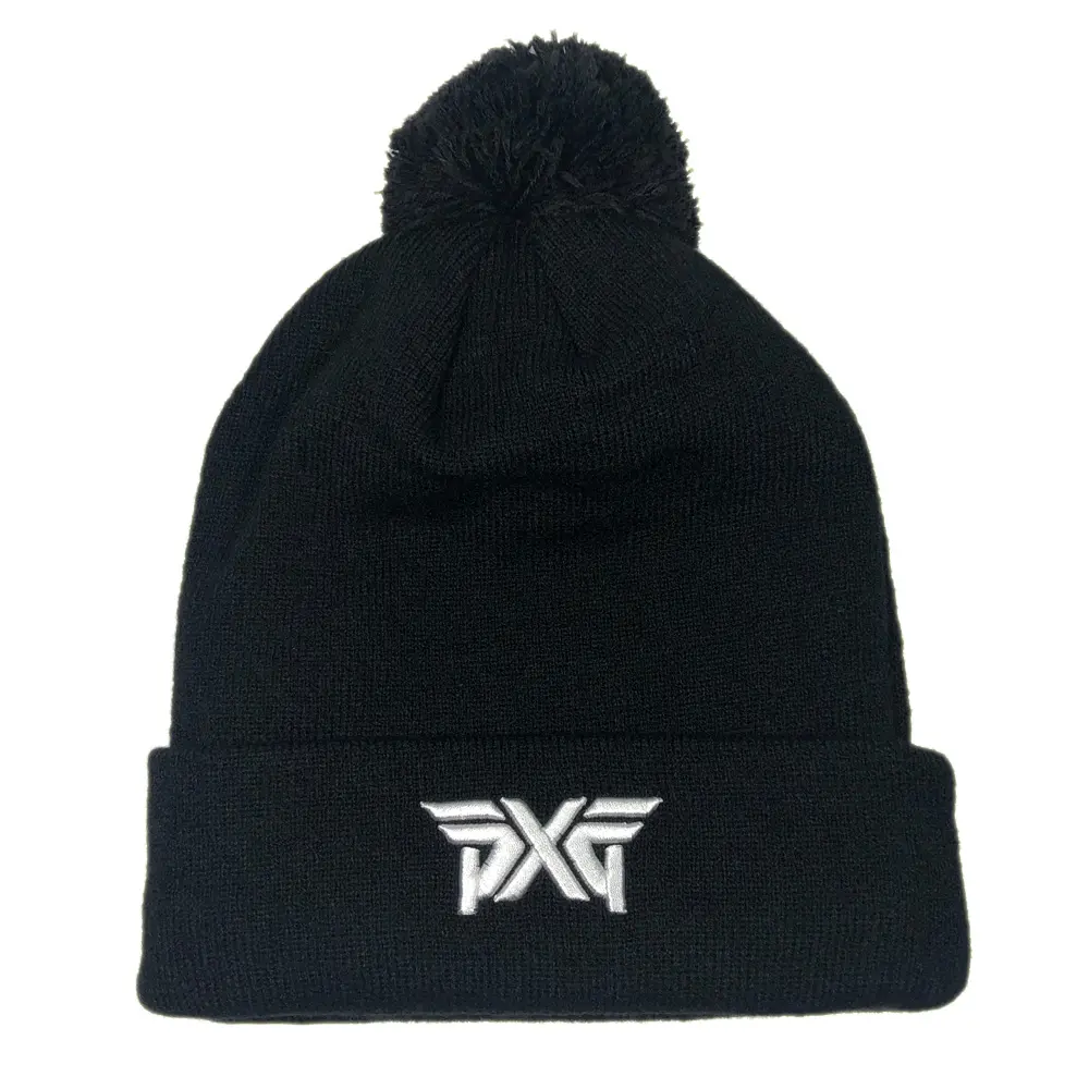 Beanie penghangat uniseks kualitas tinggi kupluk rajut merek perusahaan fleece lined dengan bordir logo kustom dan pom pom