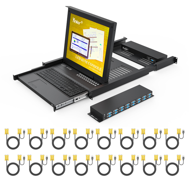 16 Port VGA KVM Switch, 17'' LCD KVM Console Integrated with Keyboard Monitor Touchpad Drawer 1U Rack Mount KVM for 19'' Cabinet