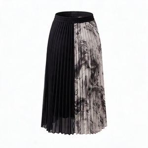 Pleated Midi <b>Skirt</b> Women <b>Elastic</b> <b>Waist</b> Digital Print Chiffon Mesh Ankle-Length Black Gray Pattern Soft All Seasons Wear - Product Image 4