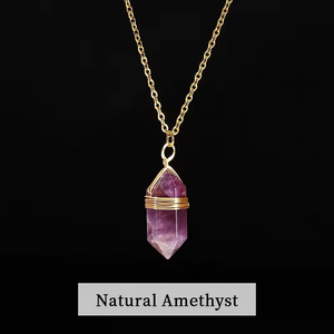 Collar de Cristal Cilíndrico Hexagonal, Colgante de Piedra Natural, Collar con Colgante de Piedra Envuelto en Alambre para Mujer, Joyería de Moda - Product Image 5