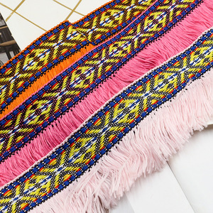 Dentelle tissée ethnique colorée à franges, motif géométrique jacquard avec <span class=keywords><strong>bordure</strong></span> à pompons pour robe, rideau et travaux manuels DIY - Product Image 3