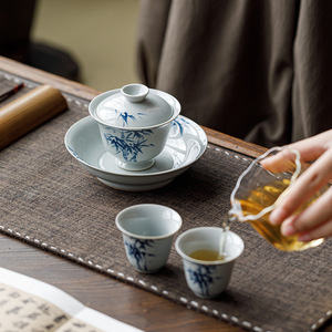 Guanlan Hand Painted Blue Bamboo Gaiwan Porcelain <b>Tea</b> <b>Set</b> With Lid For Kung Fu <b>Tea</b> Ceremony Home Use - Product Image 3