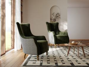 Dual Fabric Upholstered High Back <b>Wing</b> <b>Chair</b> - Luxury Velvet & Casual Striped Linen Accent <b>Chair</b> for Living Room - Product Image 2