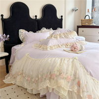 Nouvelle collection 2026 : Parure de lit respirante en coton lavé, motif floral, style princesse, avec dentelle brodée en mousseline, douce pour la peau.