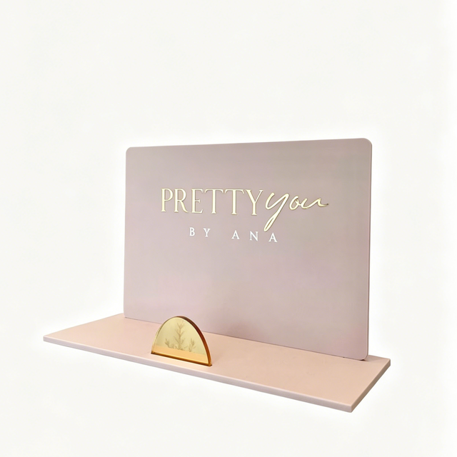 Pink Salon Reception Sign with Gold Mirror 3D Logo for Beauty Spa Hair Boutique Tabletop Acrylic Business Branding Board