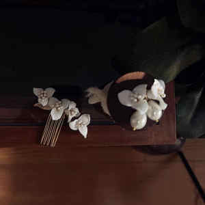 El yapımı seramik yaprak çiçek inciler gelin yan tarak küpe düğün nedime saç takı başlığı kadınlar için Set balo - Product Image 4