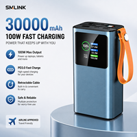 Batterie externe 30000mAh 100W, charge rapide portable, avec câble rétractable pour ordinateur portable, smartphone, montre connectée, OEM ODM