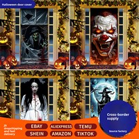 Décoration de porte d'Halloween : Autocollant Horreur, Taches de Sang, Zombie, Sorcière, Fantôme, Fenêtre Brisée 3D, Rideau de Porte Rectangulaire en Polyester