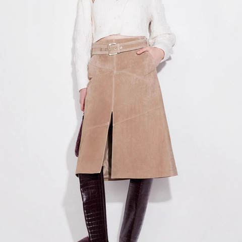 5303 Spring New Arrival First Layer Suede Sheepskin Fashion Front Slit Slim Genuine Leather Suede Mid-length Skirt for Women
