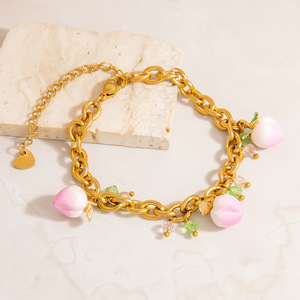 Pulsera con Dije de Melocotón en Acero Inoxidable Color Oro 18K, Joyería para Uso Diario de Mujer con Cristal y Diamantes de Imitación - Product Image 3