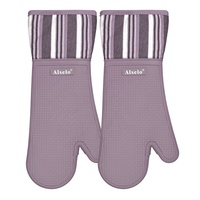 Une paire de gants de four en silicone antidérapants à rayures texturées imprimées violettes, résistants aux brûlures, pour barbecue, en coton, lavables au lave-vaisselle