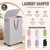 Panier à linge pliable en bambou avec roulettes, design étroit et fin, couvercle inclus