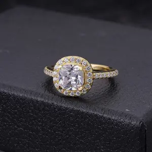 14k 골드 도금 얼음 큰 광장 8.5mm 공주 컷 큐빅 지르콘 웨딩 다이아몬드 약혼 반지