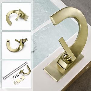 Homili, grifo de lavabo de baño de latón macizo de 1 3 agujeros, grifo de tocador de un solo mango con caño burbujeador, diseño de cascada, oro cepillado - Product Image 4