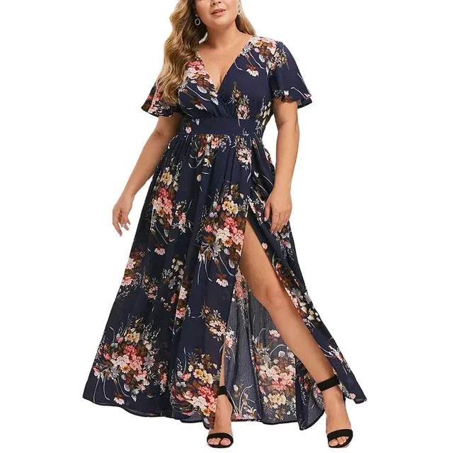 Vestido de verão com design personalizado, casual, manga curta, vestido floral, com decote em v, bainha plus size, para mulheres