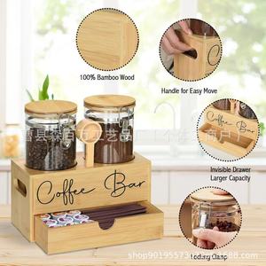 Bamboo Coffee Storage <b>Box</b> With <b>Glass</b> Jars And Drawer For Coffee Beans And Pods - Product Image 1