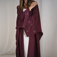 Abaya Maxi en Polyester pour Femme, Grande Taille, Style Modeste, Broderie Islamique, Manches Ouvertes Fendues, Nœud Papillon Perlé, Cardigan Robe