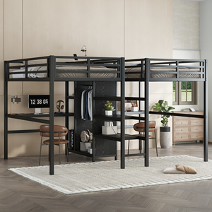 <span class=keywords><strong>Lit</strong></span> superposé en métal double avec bureau intégré, armoire, étagères, prise électrique, gain de place et réduction du bruit, noir - Product Image 1