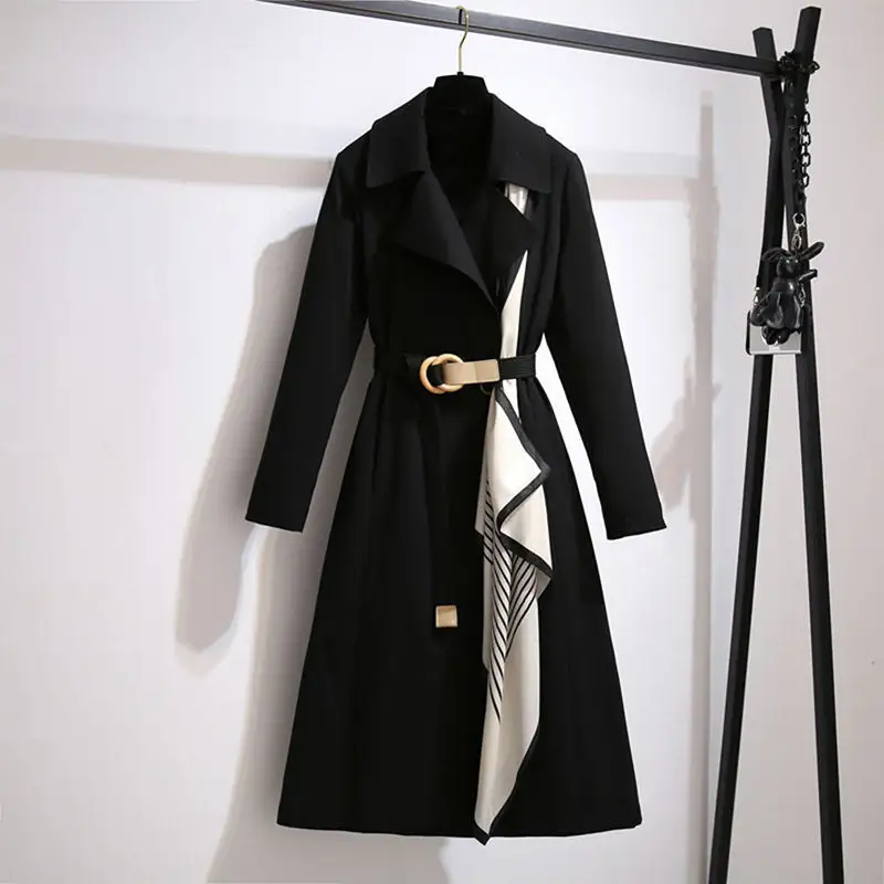 OEM Custom New Style Plus Size Trend Double Breasted Solid color Mid-Long Jacket With Belt Waist Slimming Women Trench Coat