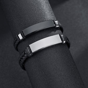Wholesale Personal Engraved Stainless Steel Bracelet Jewelry Handmade Woven Leather Cuff Couple Bracelet for <b>Men</b> Stainless Steel - Product Image 1