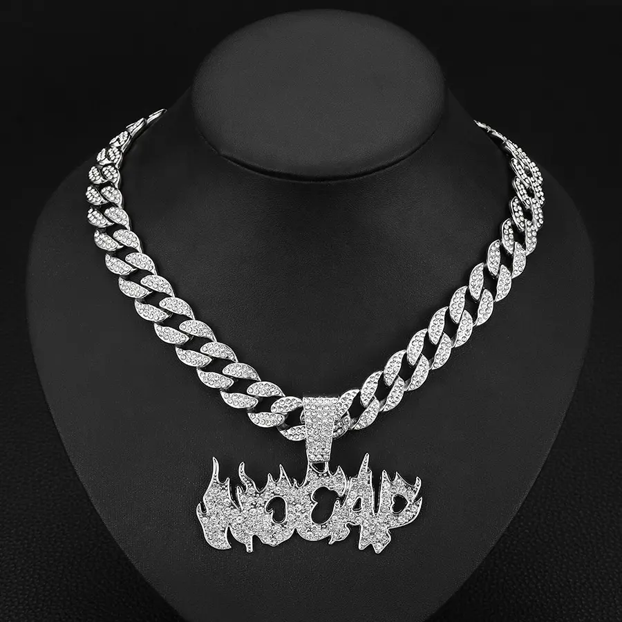 Iced out 15MM cubain miami chaîne bijoux hip hop alliage et bling strass flamme lettre pendentif collier